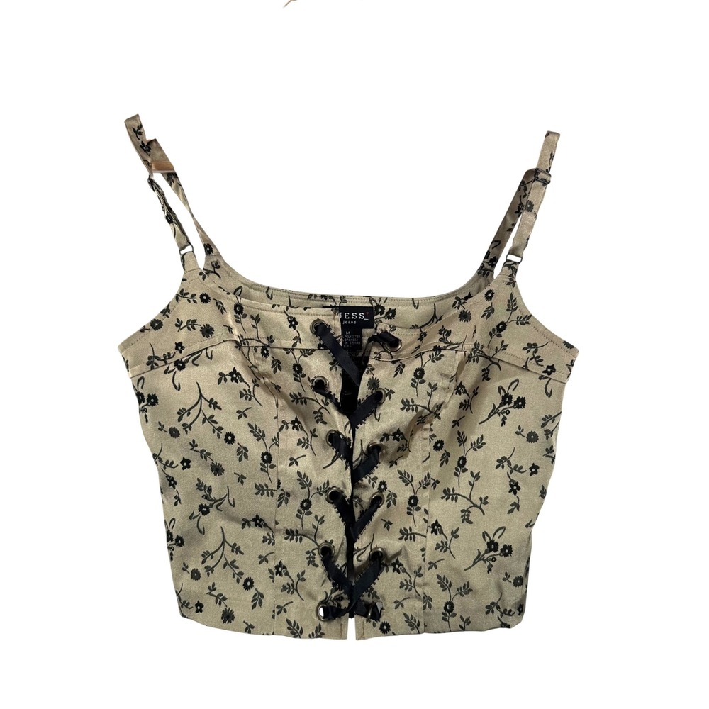 VTG Guess Corset Top sz M Gold Floral Lace Up Y2K Jacquard gothic sexy